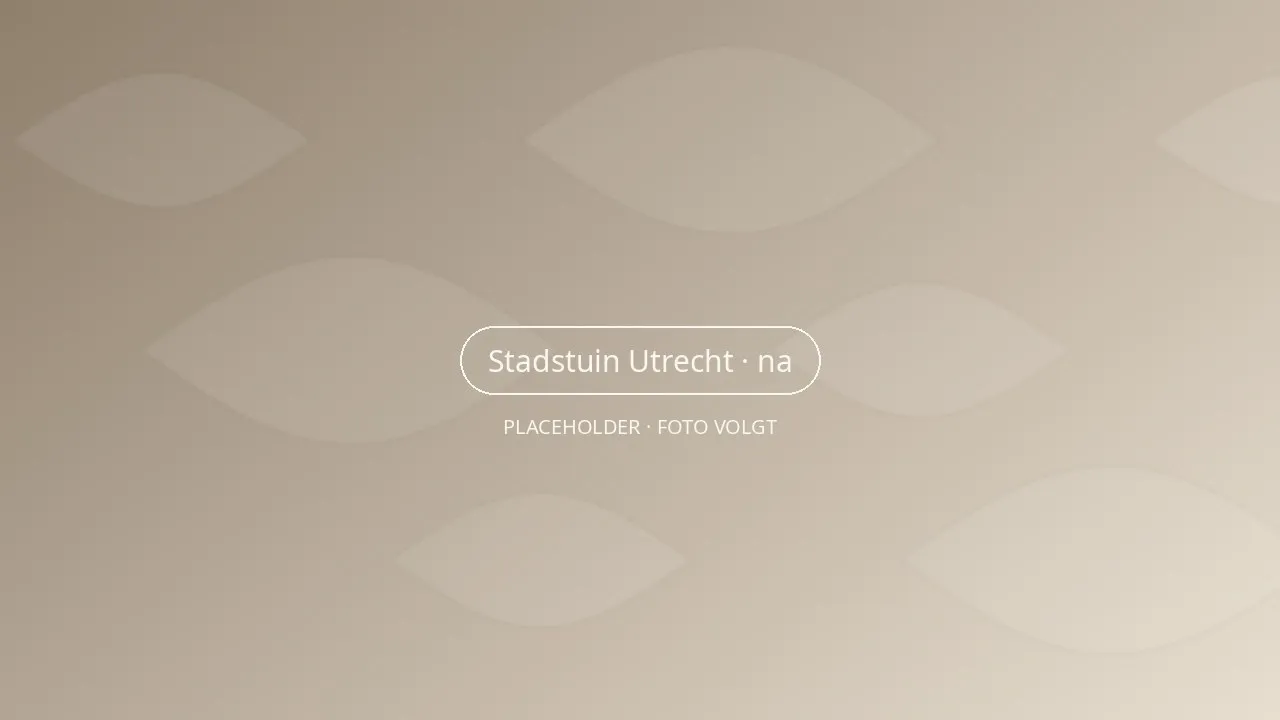 Kleine stadstuin in Utrecht met donkere klinkers, eikenhouten bank, varens en een klimhortensia tegen de bakstenen muur
